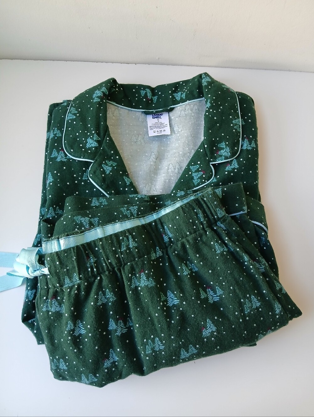 Lands' End Flannel Lounge Set Dark Green Tree Print XL
